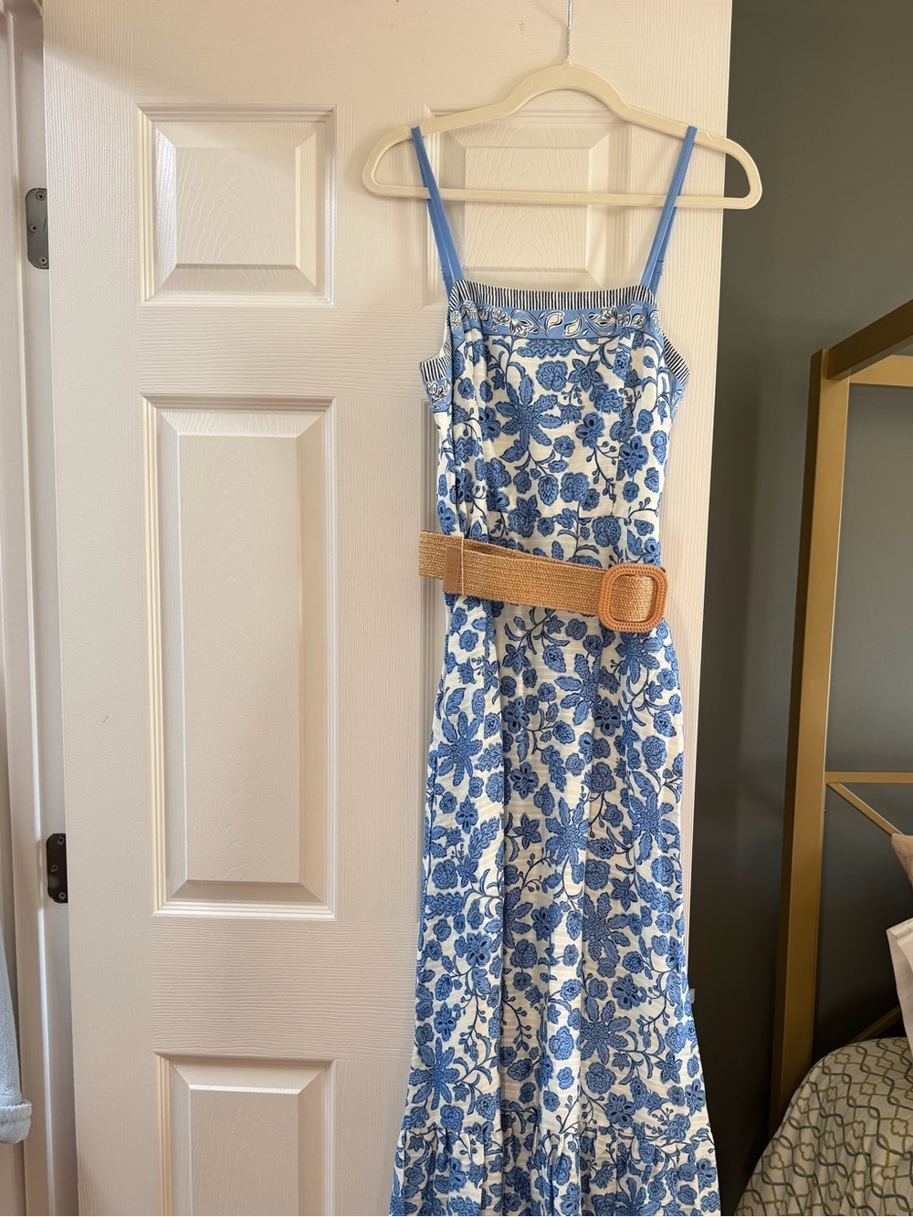 Blue Floral Spaghetti-Strap Maxi Dress with Woven Belt